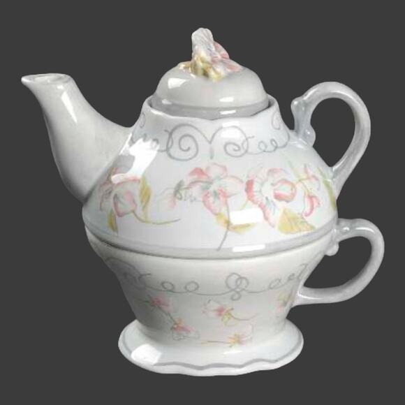 Tracy Porter Georgette TEA FOR ONE Ceramic Cup + Teapot & Lid Pink Gray + Tag - Picture 2 of 10